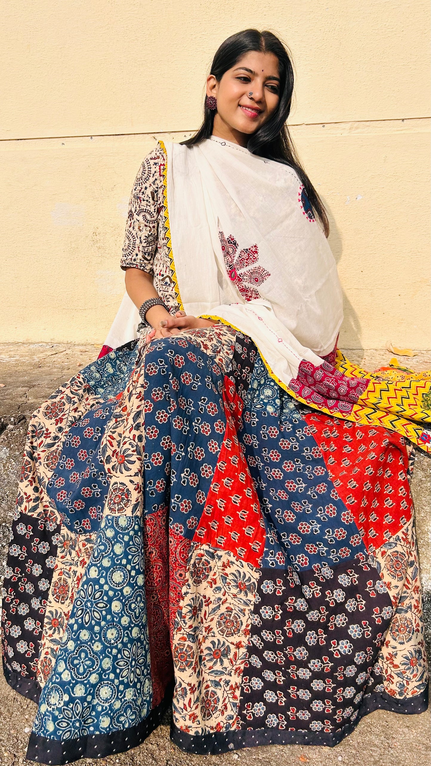 ✨Navrang ~ Ajrakh Skirt and Dupatta Set ~ White w/ Multicolor