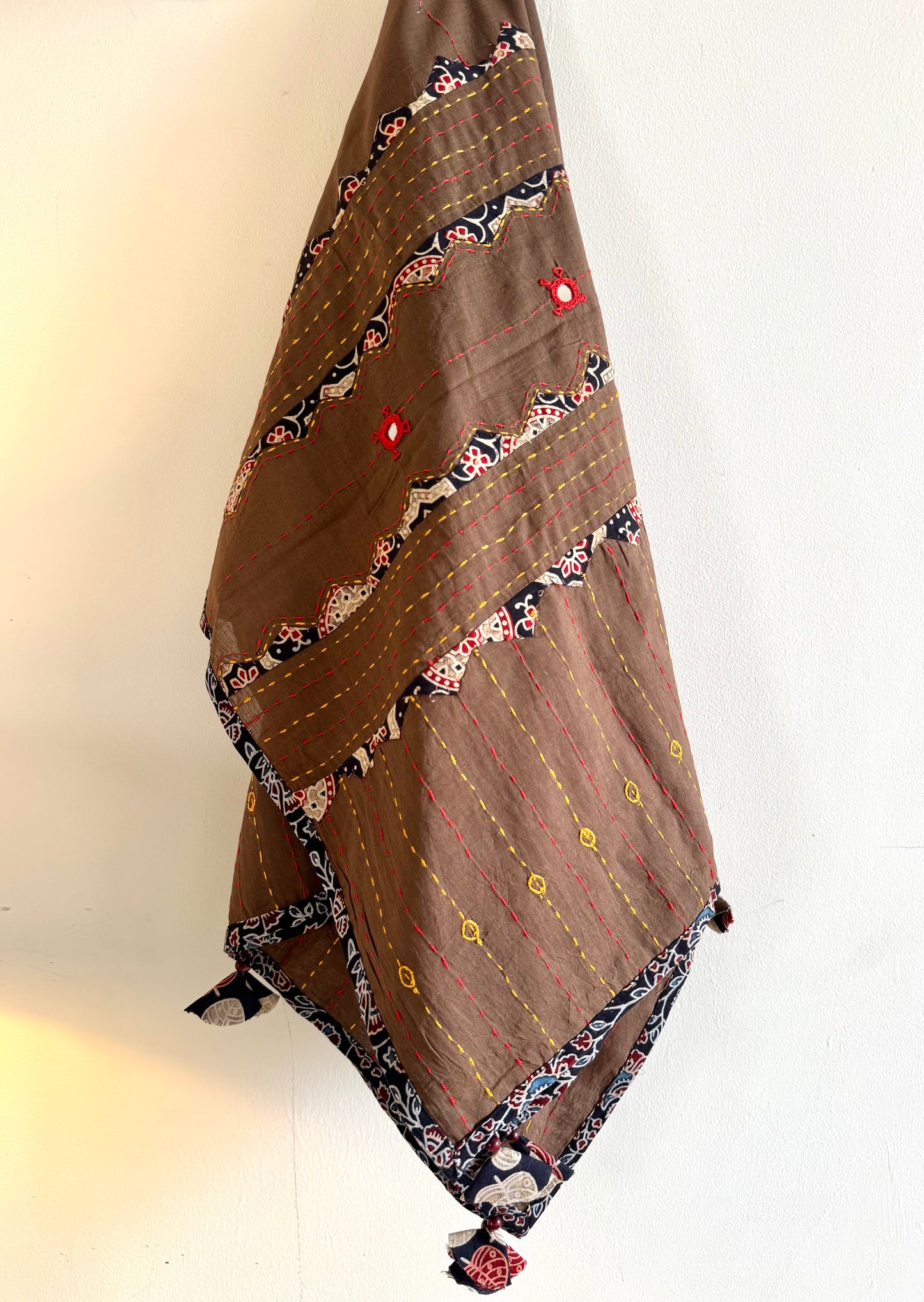 Ajrakh Applique & Kantha Embroidered Dupatta ~ Coffee Brown with Black Patchwork
