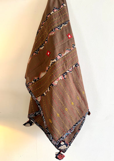 Ajrakh Applique & Kantha Embroidered Dupatta ~ Coffee Brown with Black Patchwork