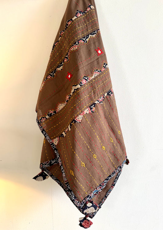 Ajrakh Applique & Kantha Embroidered Dupatta ~ Coffee Brown with Black Patchwork