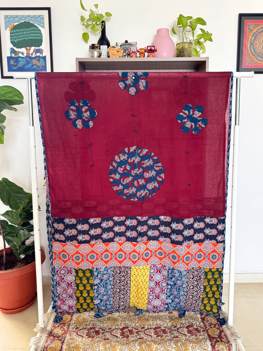 𓂃ོ⋆☀︎𓂃ᨒོ Ajrakh, Applique & Kantha Embroidered Dupatta ~ Burgundy Red 𑁍ࠬ