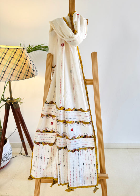 Ajrakh Applique & Kantha Embroidered Dupatta ~ White with Yellow Patchwork