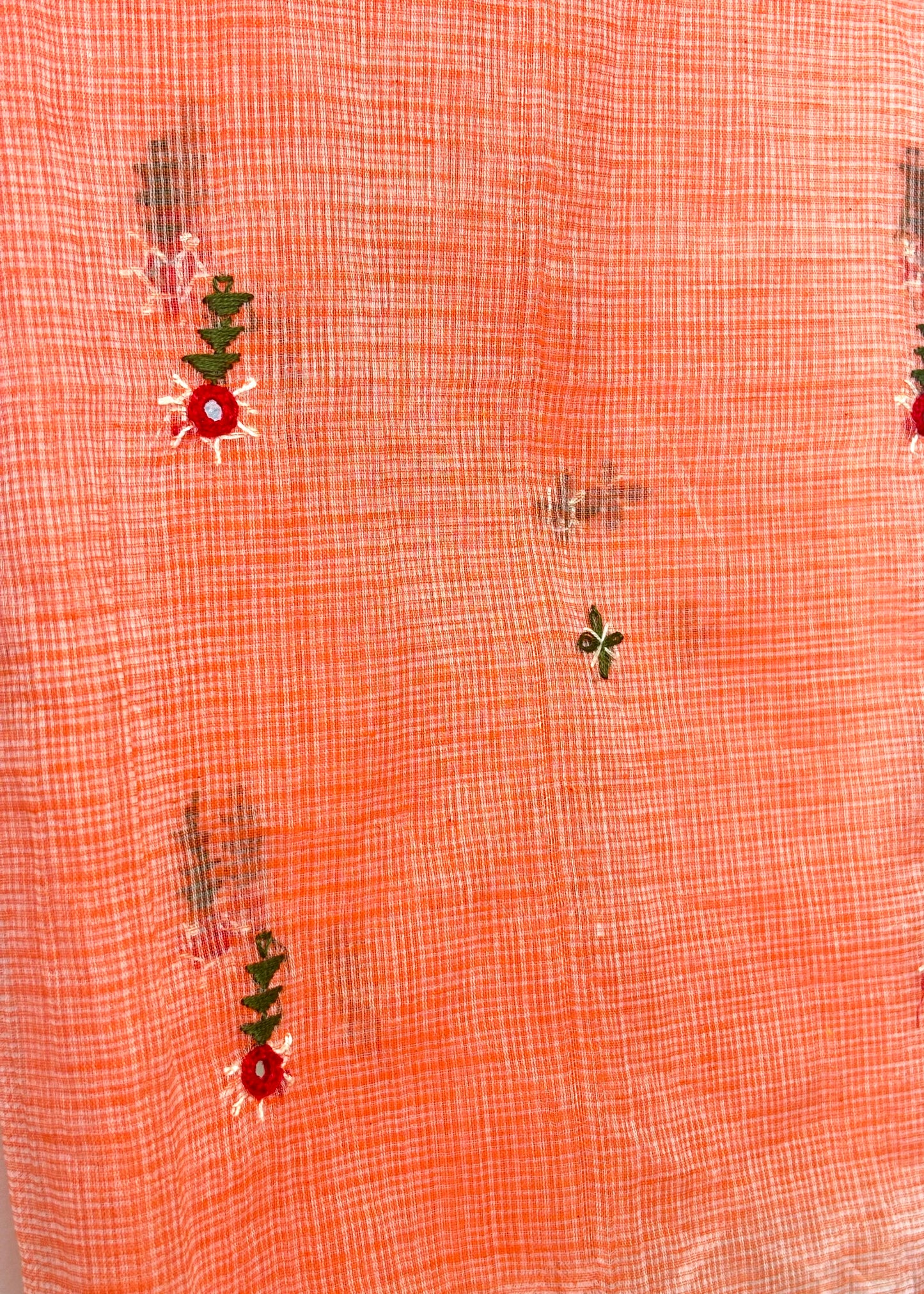 Kota Doria Hand Embroidered Dupatta ~ Peach w/ green flowers