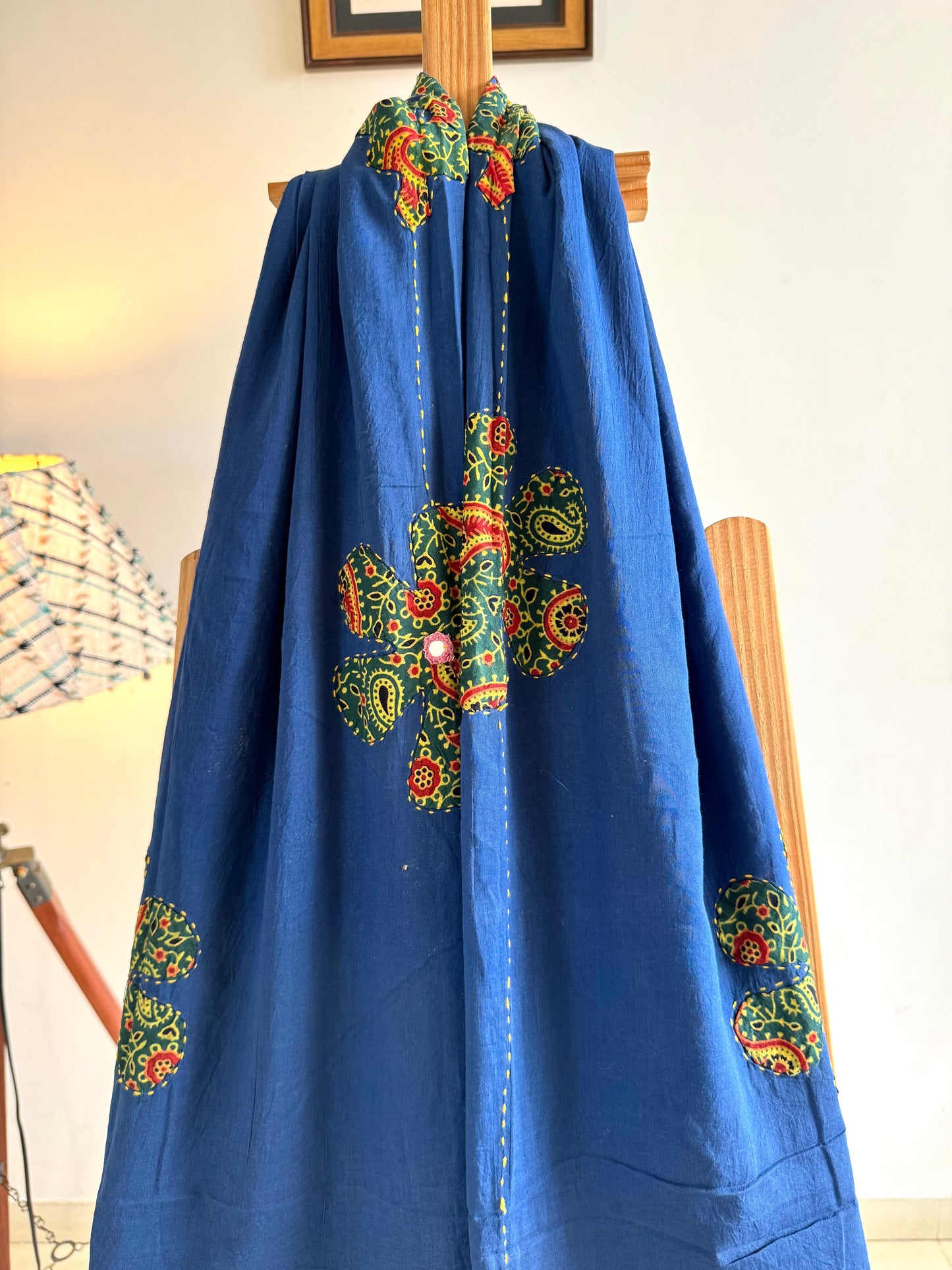 Ajrakh Applique & Kantha Embroidered Dupatta ~ Navy Blue w/ Green Flowers
