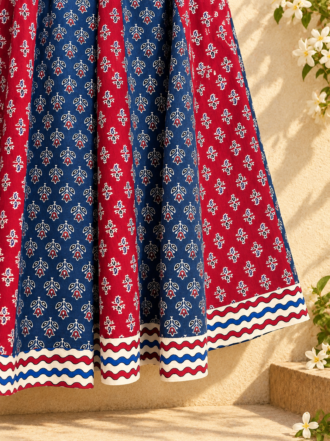 🌻 Navrang ~ Ajrakh Long Skirt ~ Multicolor w/ Zigzag Border
