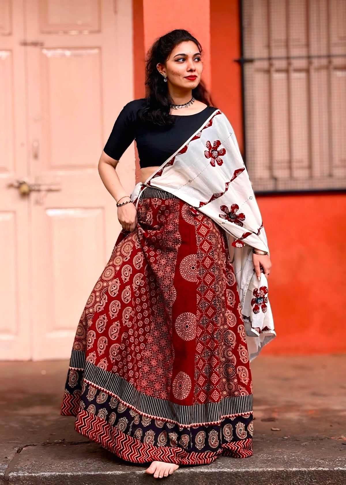 ⚜️ Dharohar ~ Surya ~ Ajrakh Long Kali Skirt & Dupatta Set