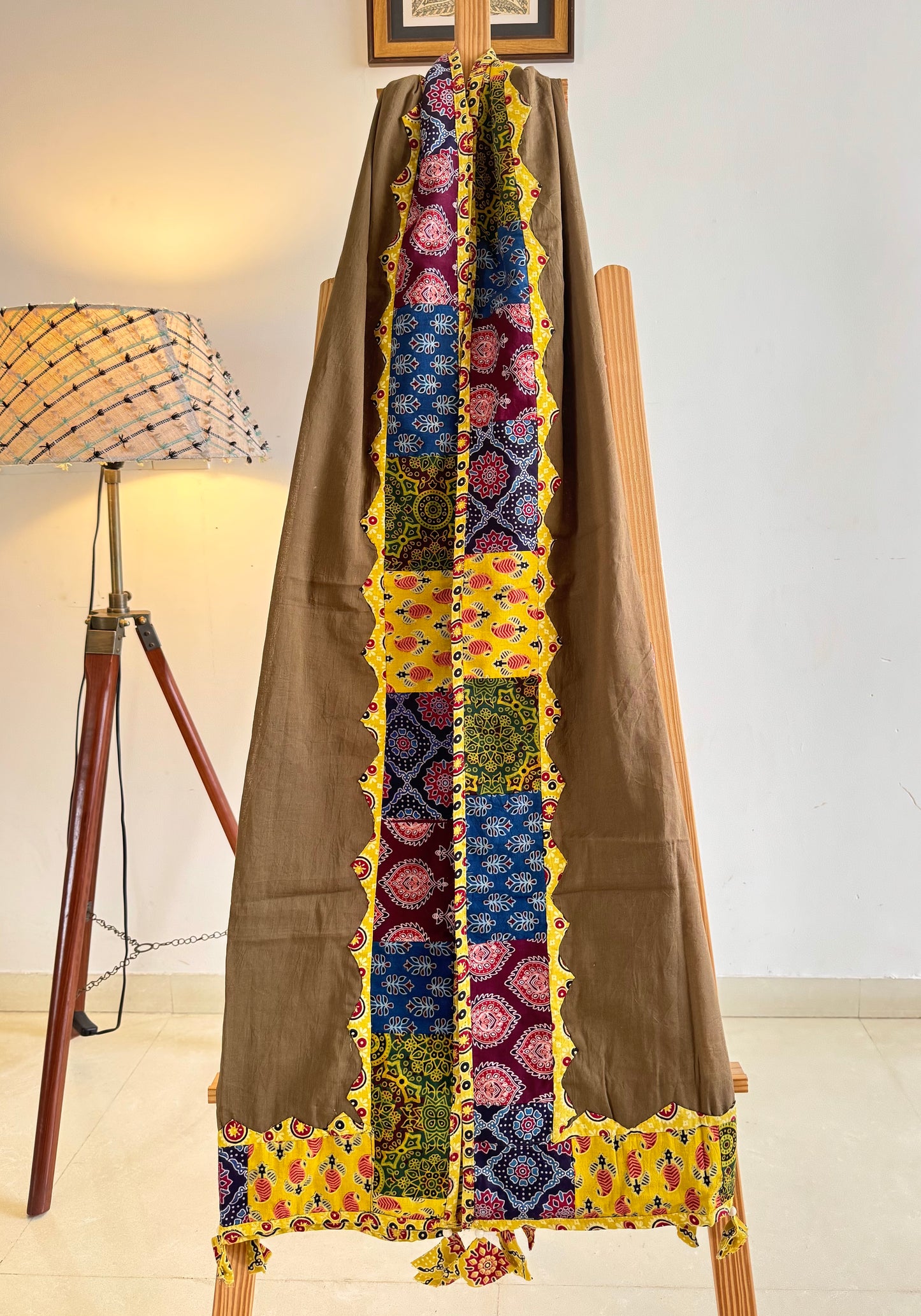Ajrakh Applique & Kantha Embroidered Dupatta ~ Coco Brown w/ Yellow