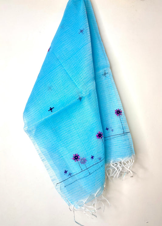 Kota Doria Hand Embroidered Dupatta ~ Aqua blue w/ pink flowers