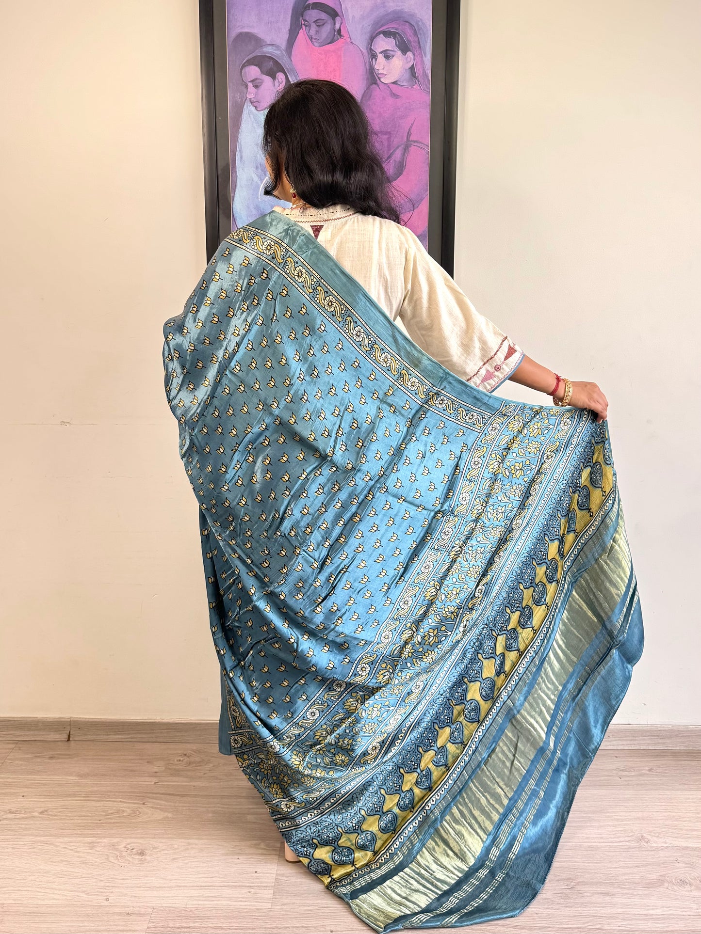 Modal Silk Ajrakh Dupatta ~ Metallic Blue Lotus motif w/ Zari