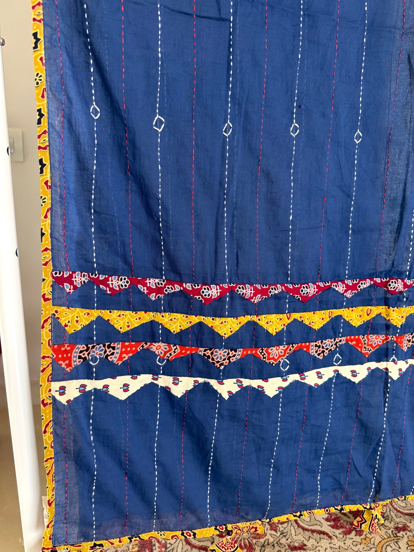 Ajrakh Applique & Kantha Embroidered Dupatta ~ Navy Blue with Multicolor Patch Work