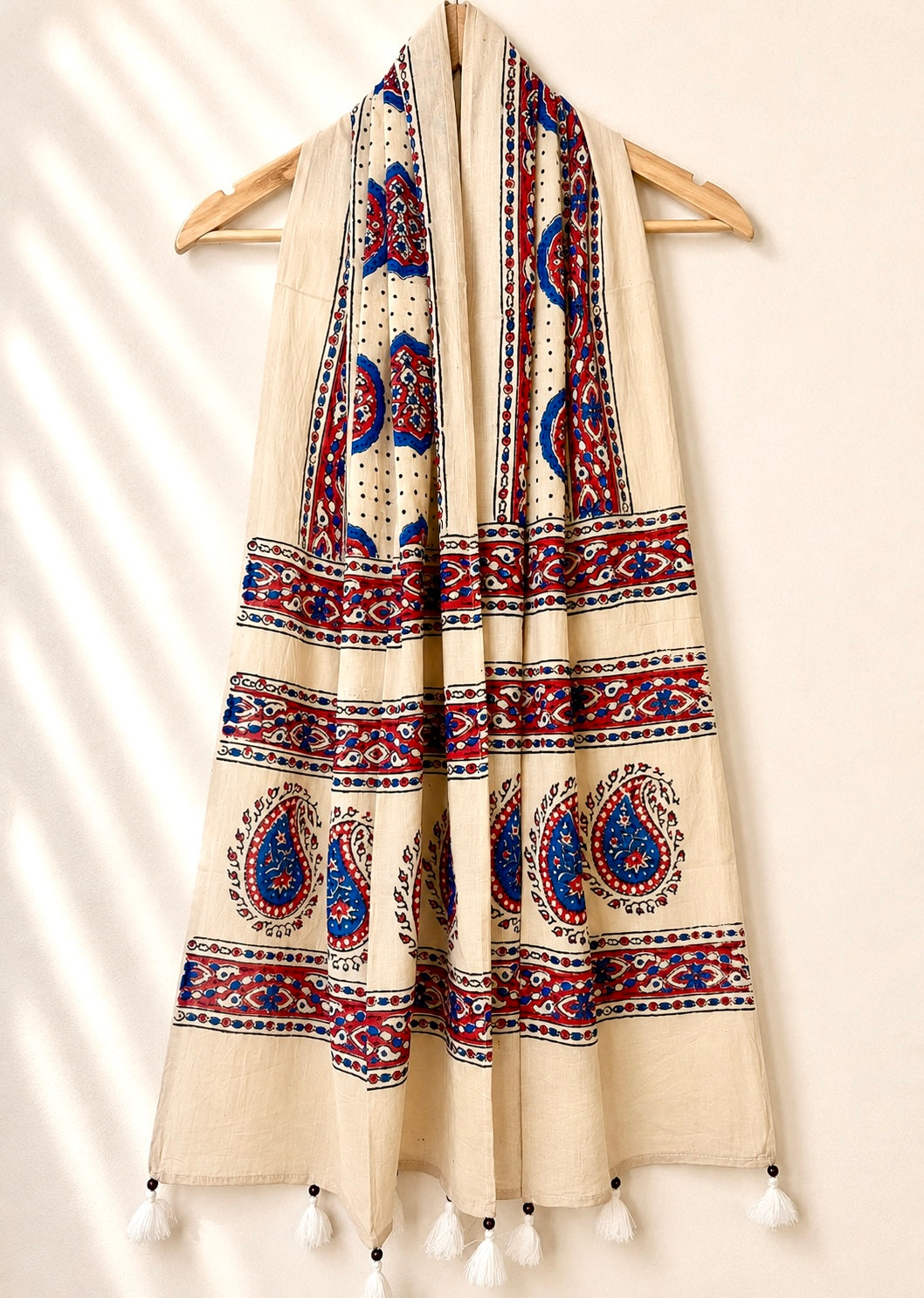 Raahi🌻Ajrakh Cotton Stoles ~ Ivory white w/ motifs