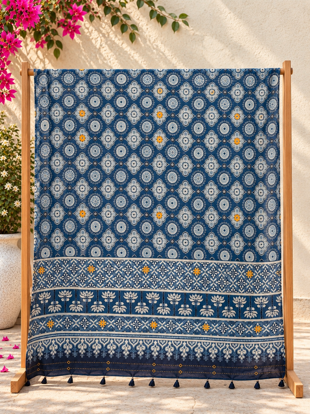 Rangrez🔅Ajrakh Mulmul Cotton Dupattas with Embroidery ~ Neel Bahaar