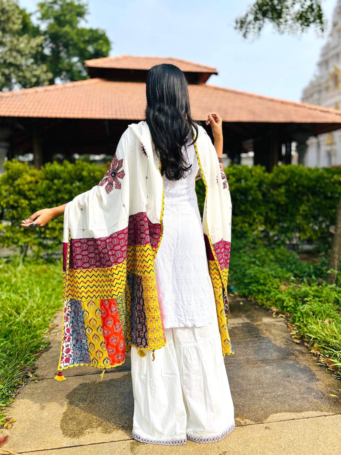 Ajrakh Applique & Kantha Embroidered Dupatta ~ White, Blue & Yellow
