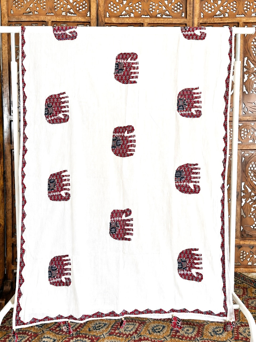 Ajrakh Applique & Kantha Embroidered ~ Red Hastika Dupatta