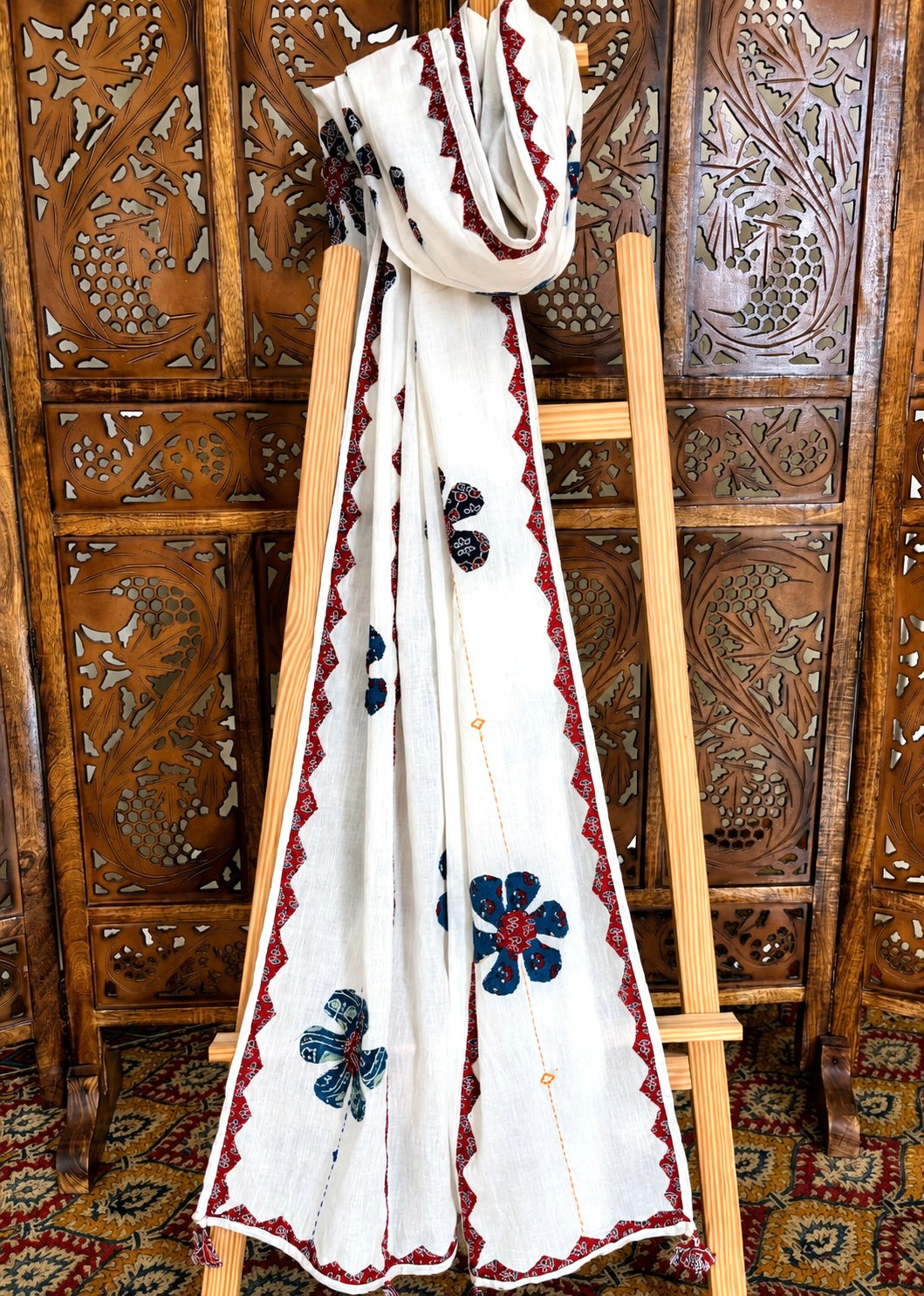Ajrakh Applique & Kantha Embroidered ~ Red & Blue Phool Dupatta
