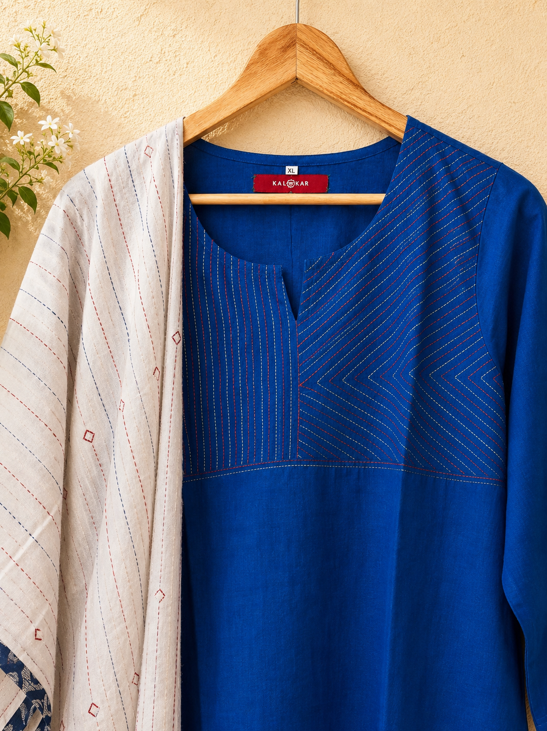 Masakali ~ Navy Blue Cotton Kantha Kurti & Dupatta Set
