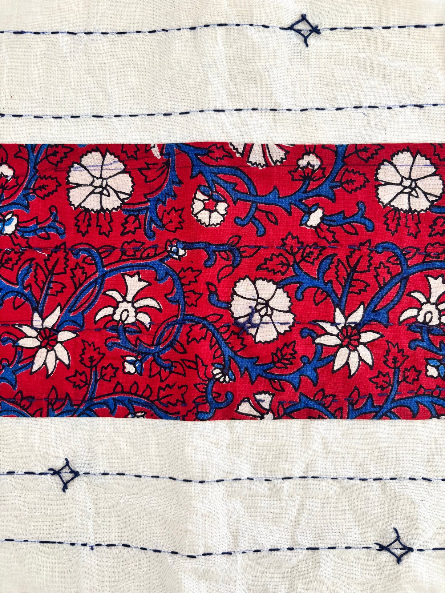 White & Red ~ Ajrakh & Kantha Table Runner w/ Mats