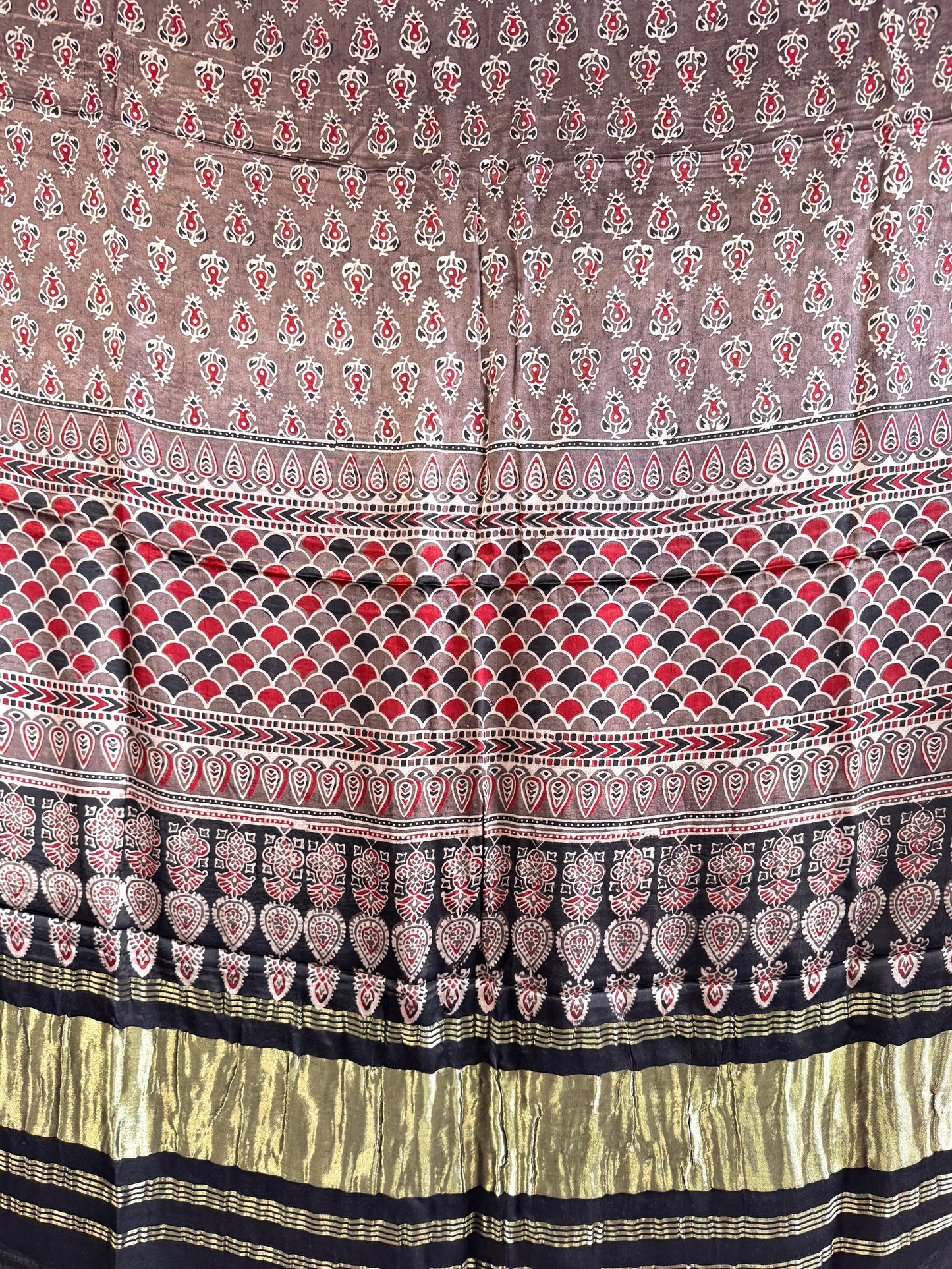 Modal Silk Ajrakh Dupatta ~ Metallic Grey Fish Scale motif w/ Zari