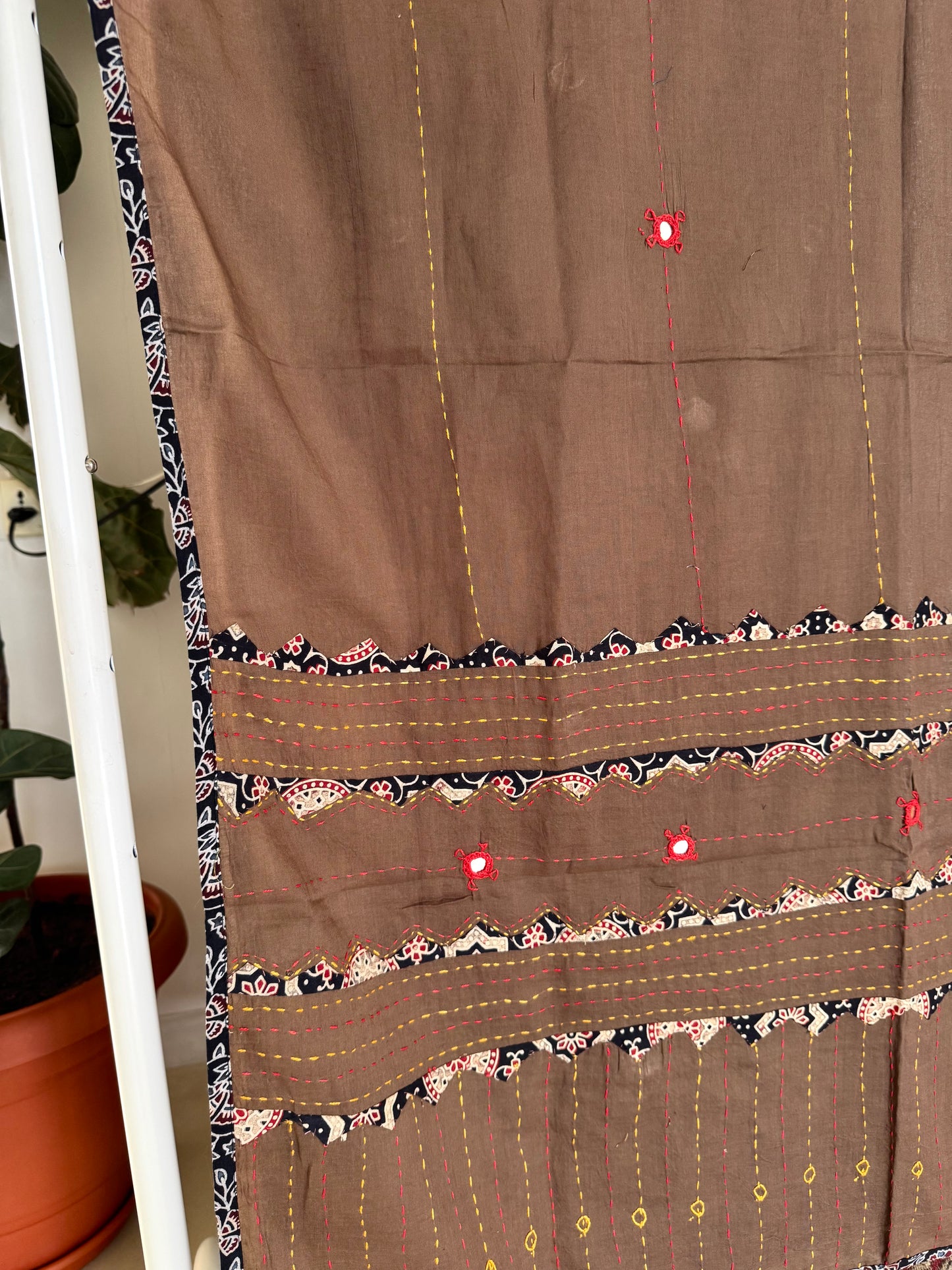 Ajrakh Applique & Kantha Embroidered Dupatta ~ Coffee Brown with Black Patchwork