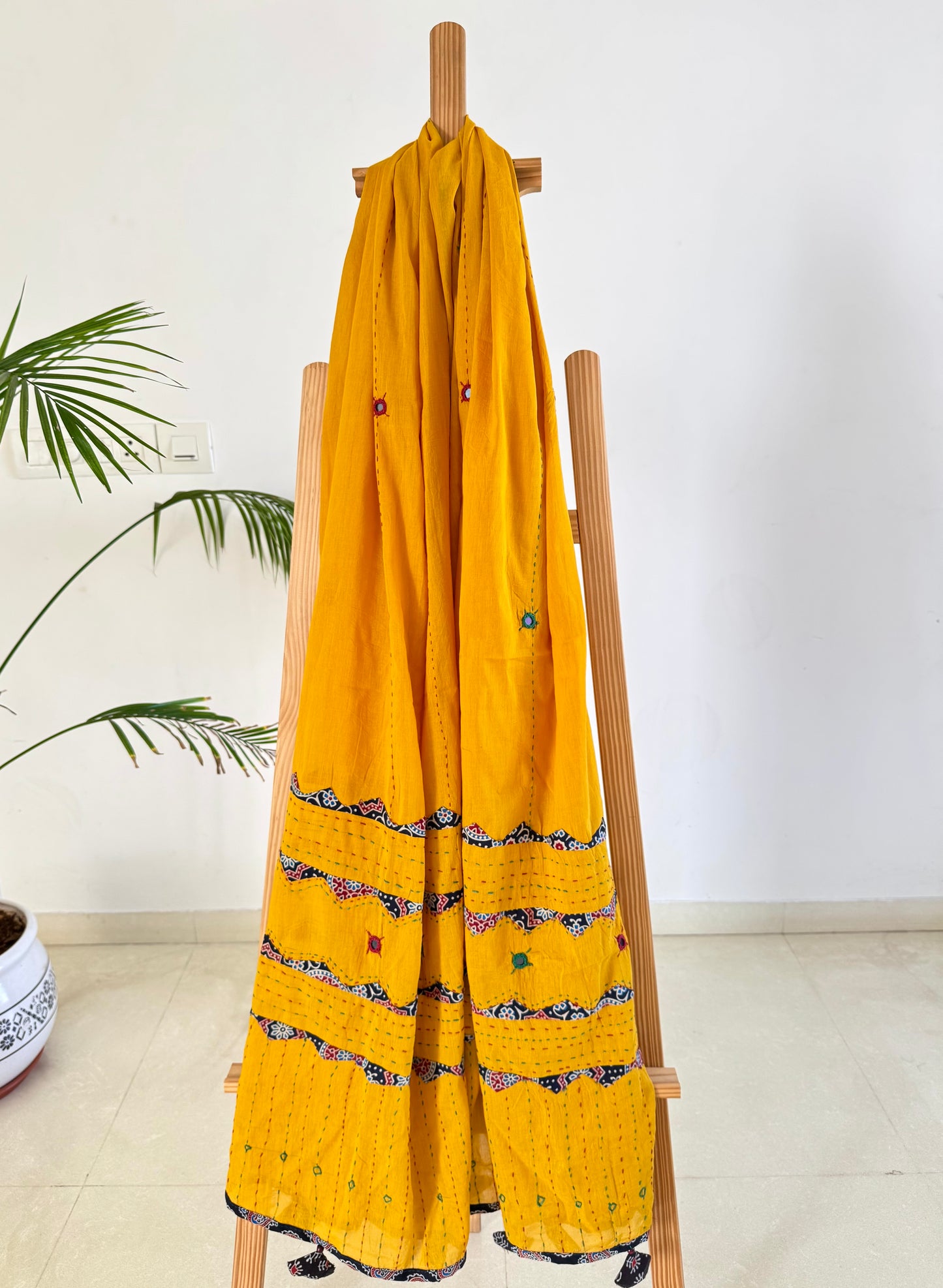 Ajrakh Applique & Kantha Embroidered Dupatta ~ Mustard Yellow with dotted lines