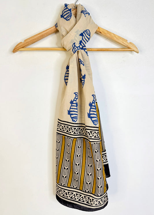 Raag🪷Mulmul Cotton Stoles ~ Fish Blue