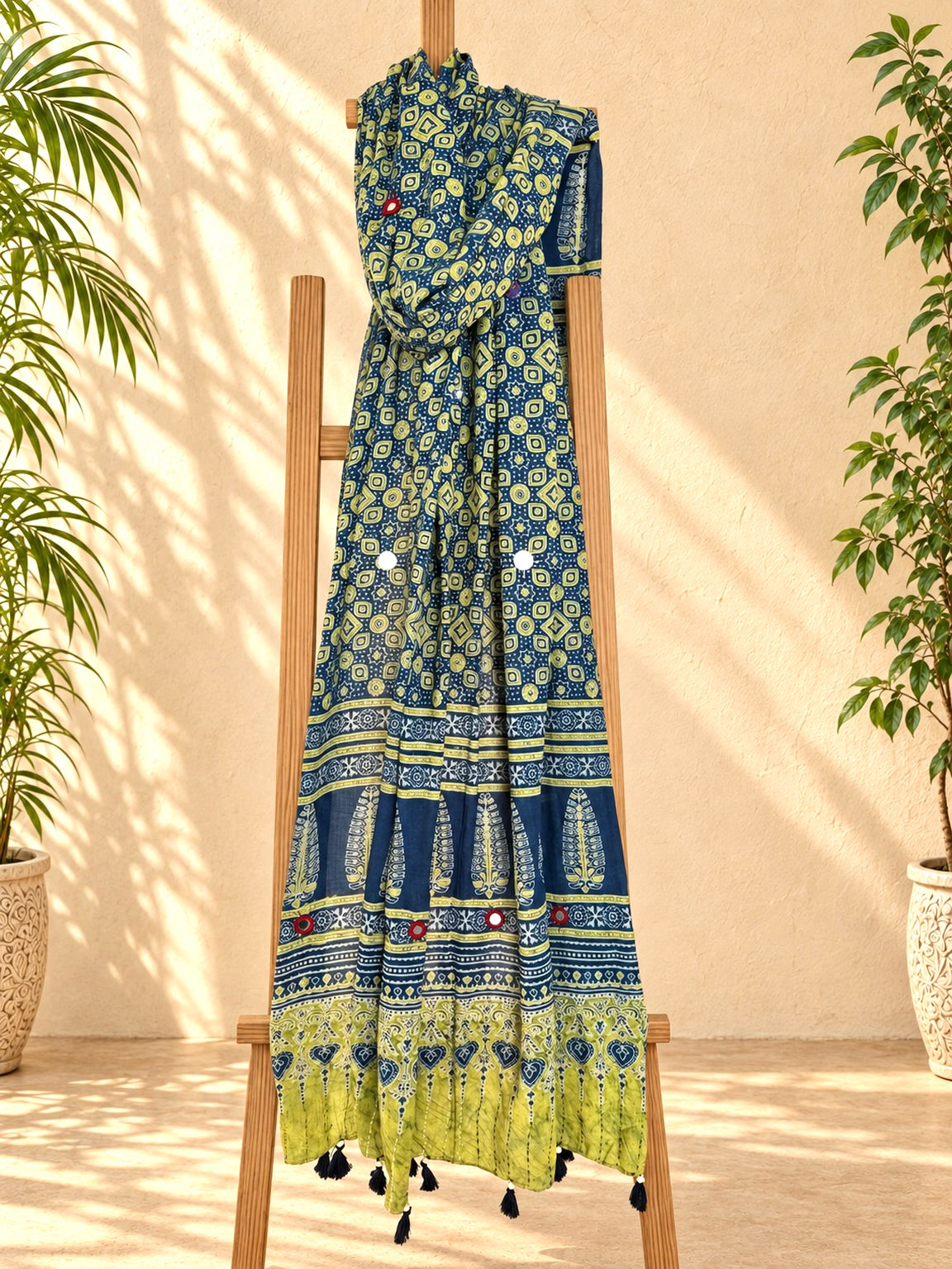 Rangrez🔅Ajrakh Mulmul Cotton Dupattas with Embroidery ~ Teal Blue w/ Grunge Texture