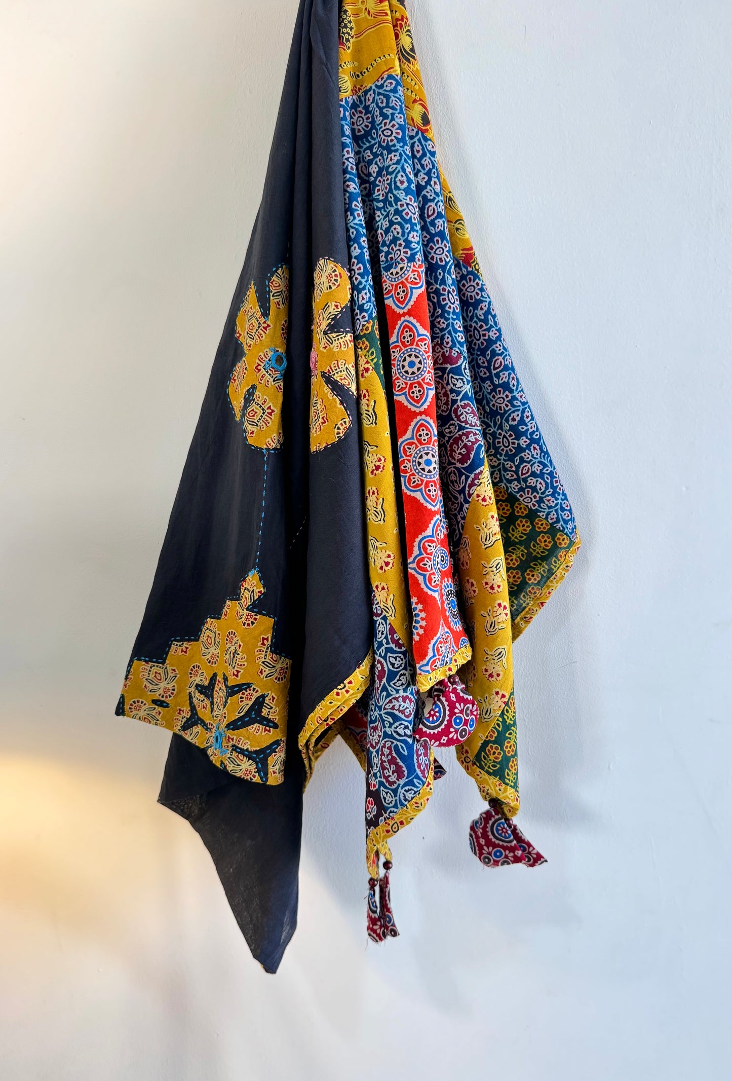 𓂃ོ⋆☀︎𓂃ᨒོ Ajrakh, Applique & Kantha Embroidered Dupatta ~ Jet Black & Yellow 𑁍ࠬ