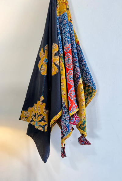𓂃ོ⋆☀︎𓂃ᨒོ Ajrakh, Applique & Kantha Embroidered Dupatta ~ Jet Black & Yellow 𑁍ࠬ