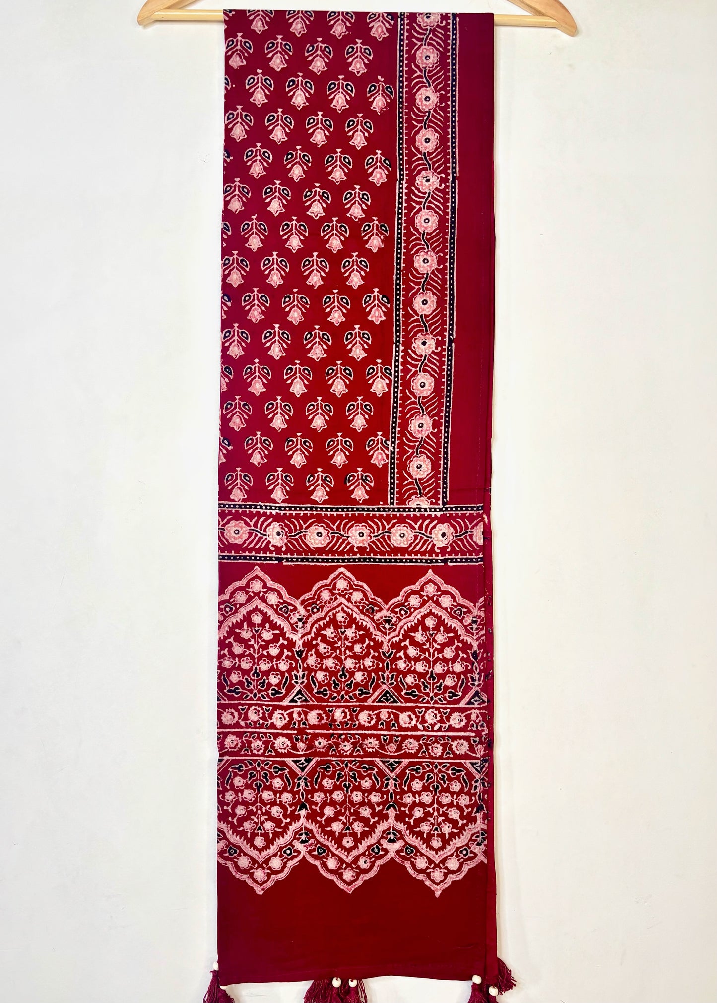 Raahi🌻Ajrakh Cotton Stoles ~ Deep red w/ motifs