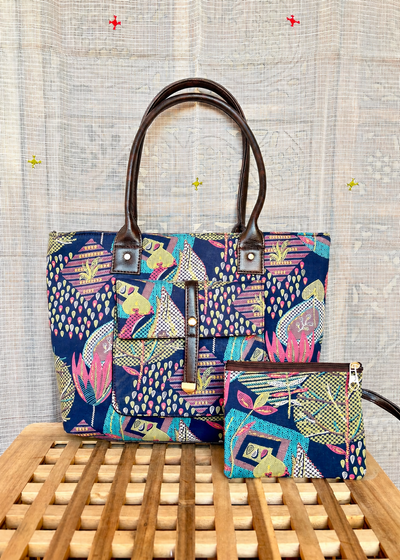 Karwaan🍂 Folk garden abstract motifs ~ Handblock Fabric Bag