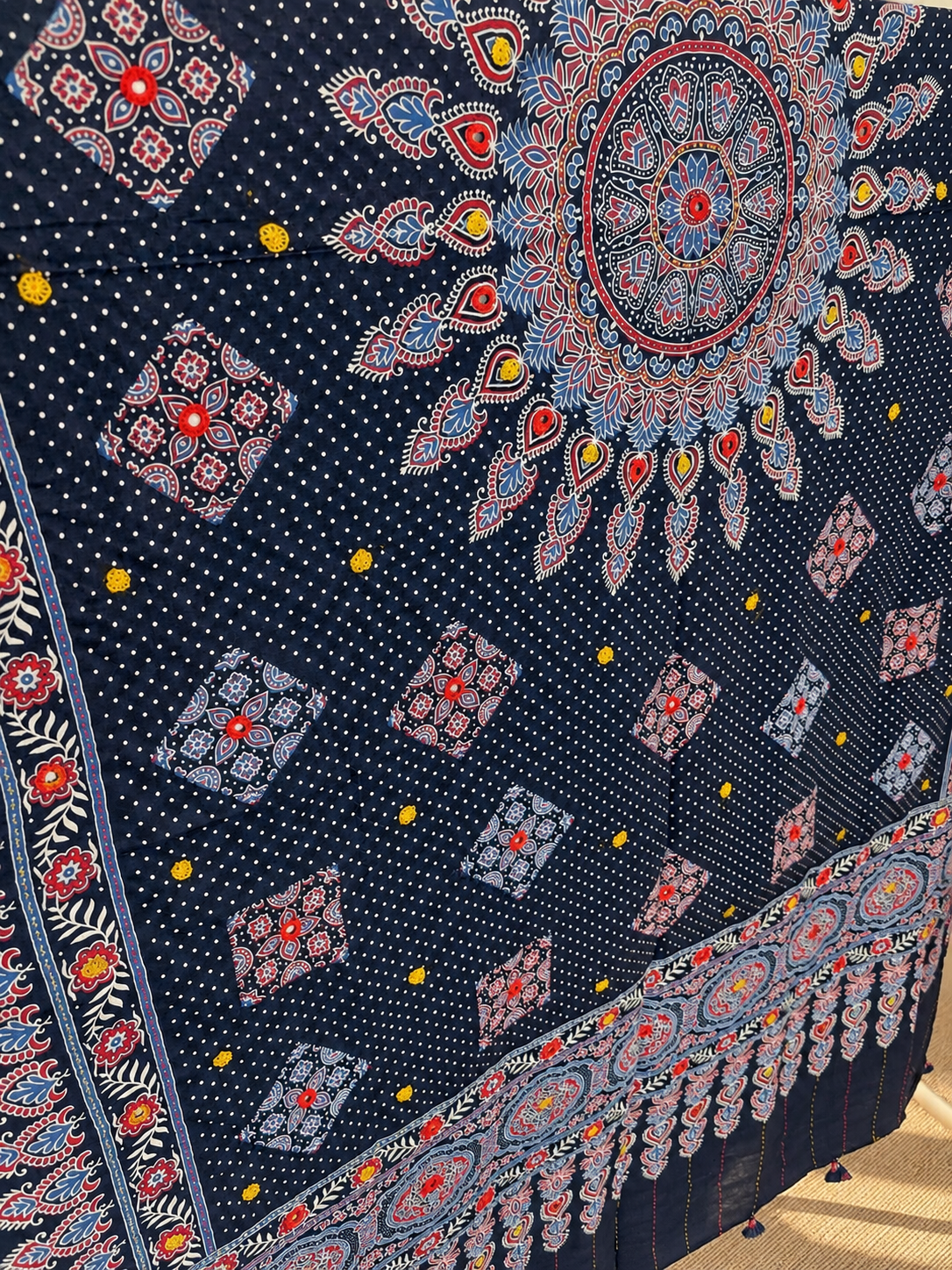 Rangrez🔅Ajrakh Mulmul Cotton Dupattas with Embroidery ~ Indigo Bloom