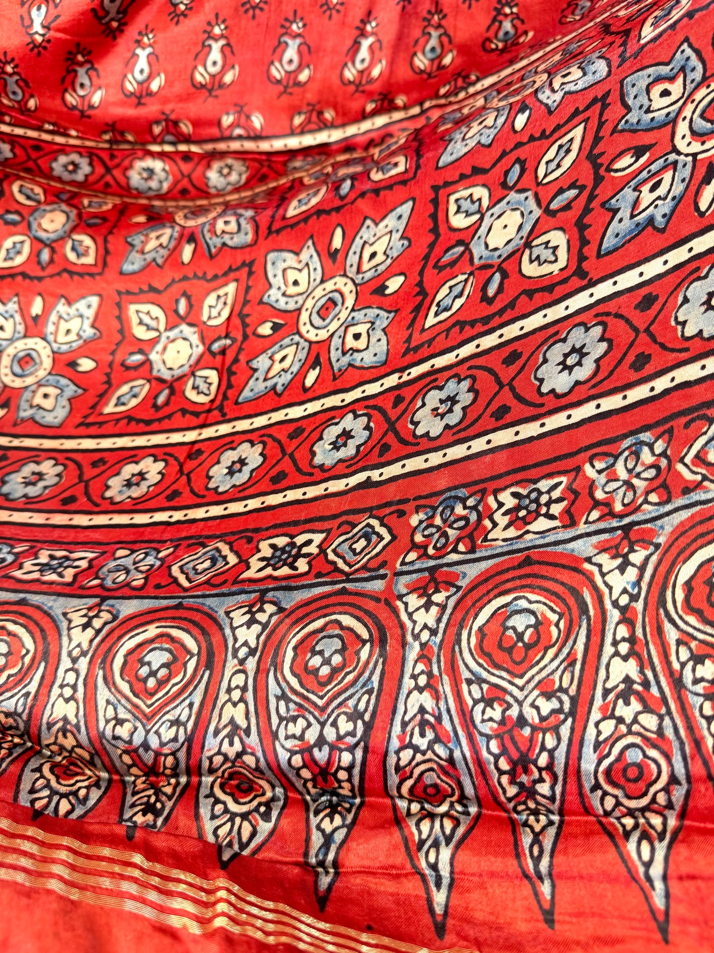 Modal Silk Ajrakh Dupatta ~ Brick Red Tulip Motif w/ Zari