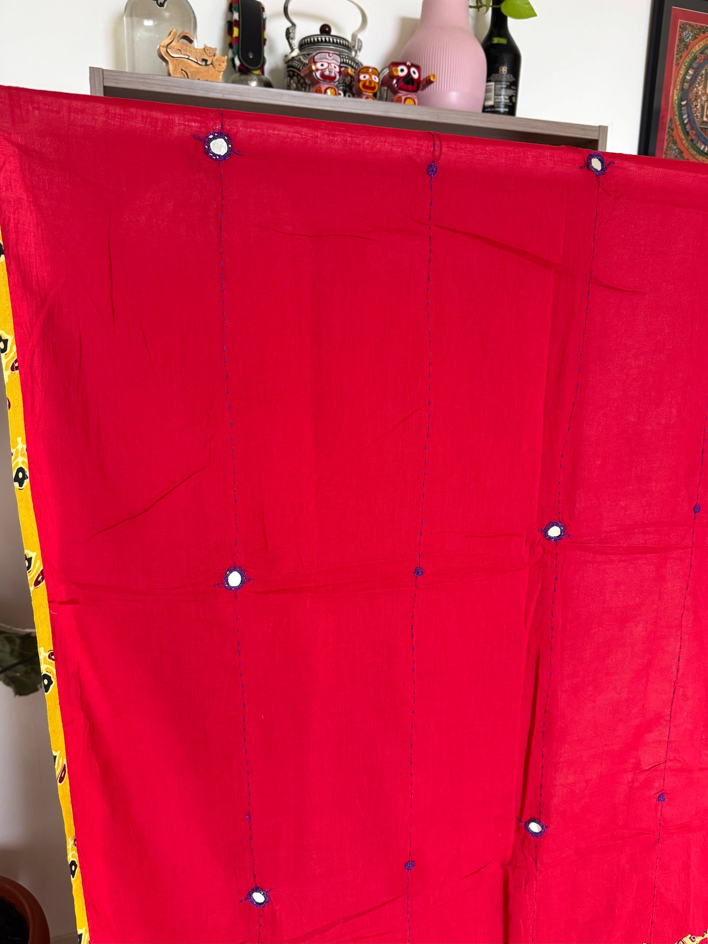 Ajrakh Applique & Kantha Embroidered Dupatta ~ Cherry Red w/ Yellow Work