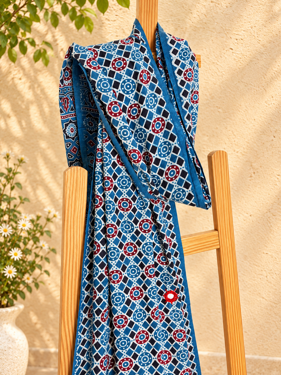 Rangrez🔅Ajrakh Mulmul Cotton Dupattas with Embroidery ~ Blue Banjara