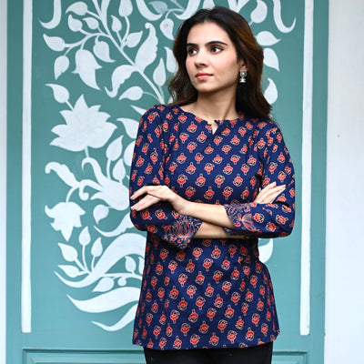 Midnight Tulips - Blue Handblock Kurti