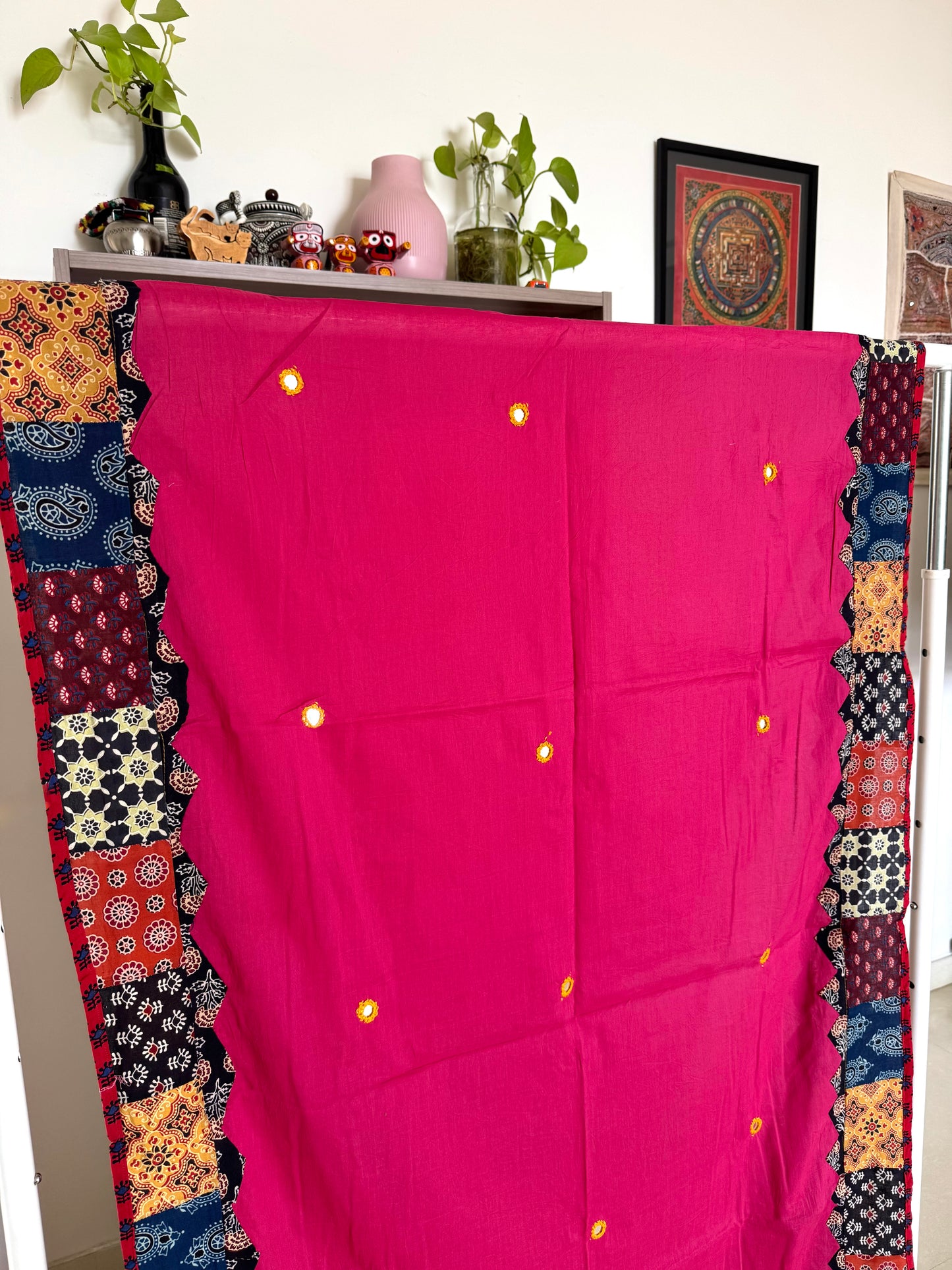 Ajrakh Applique & Kantha Embroidered Dupatta ~ Bright Pink