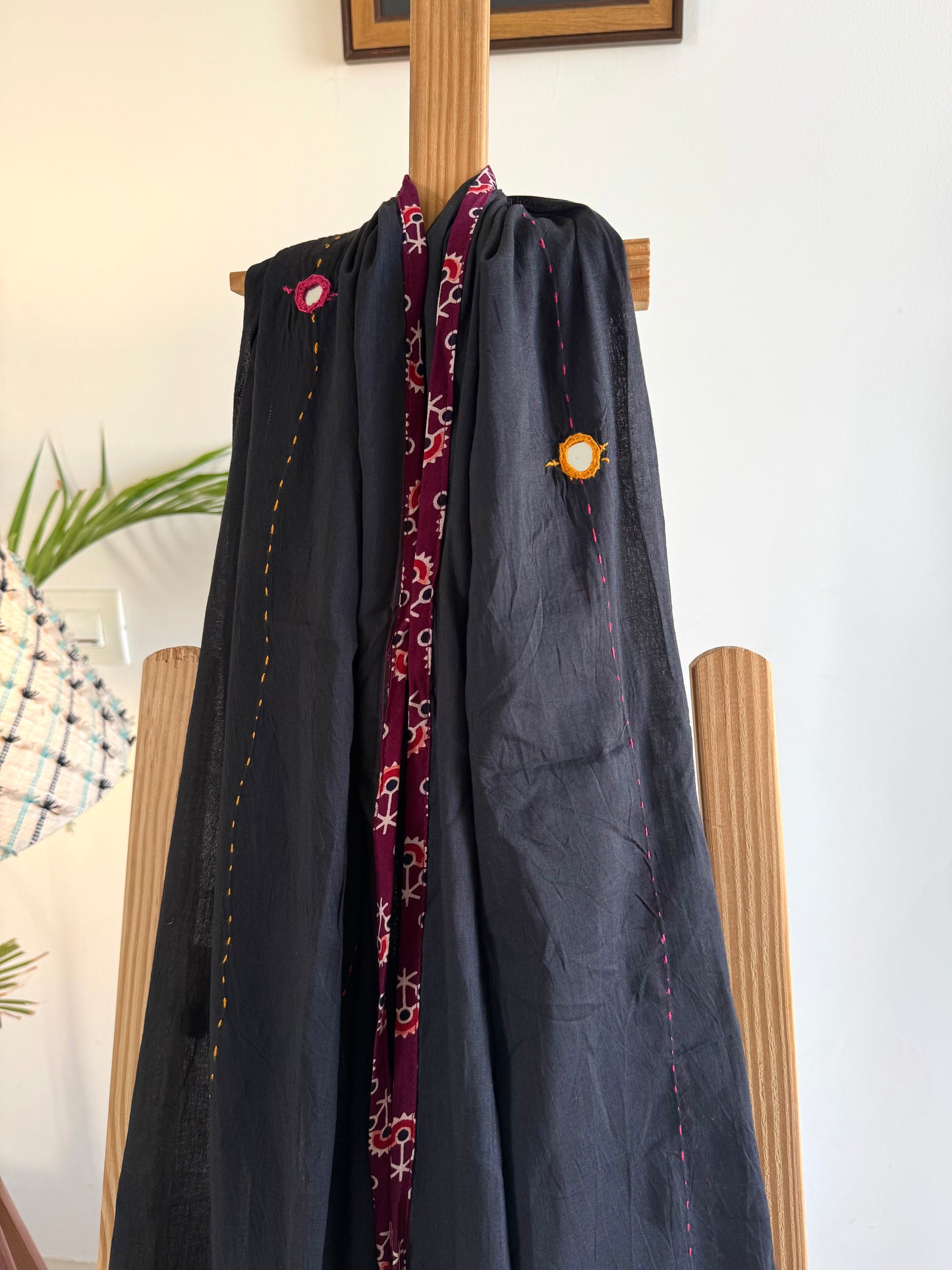 Ajrakh Applique & Kantha Embroidered Dupatta ~ Black & Red