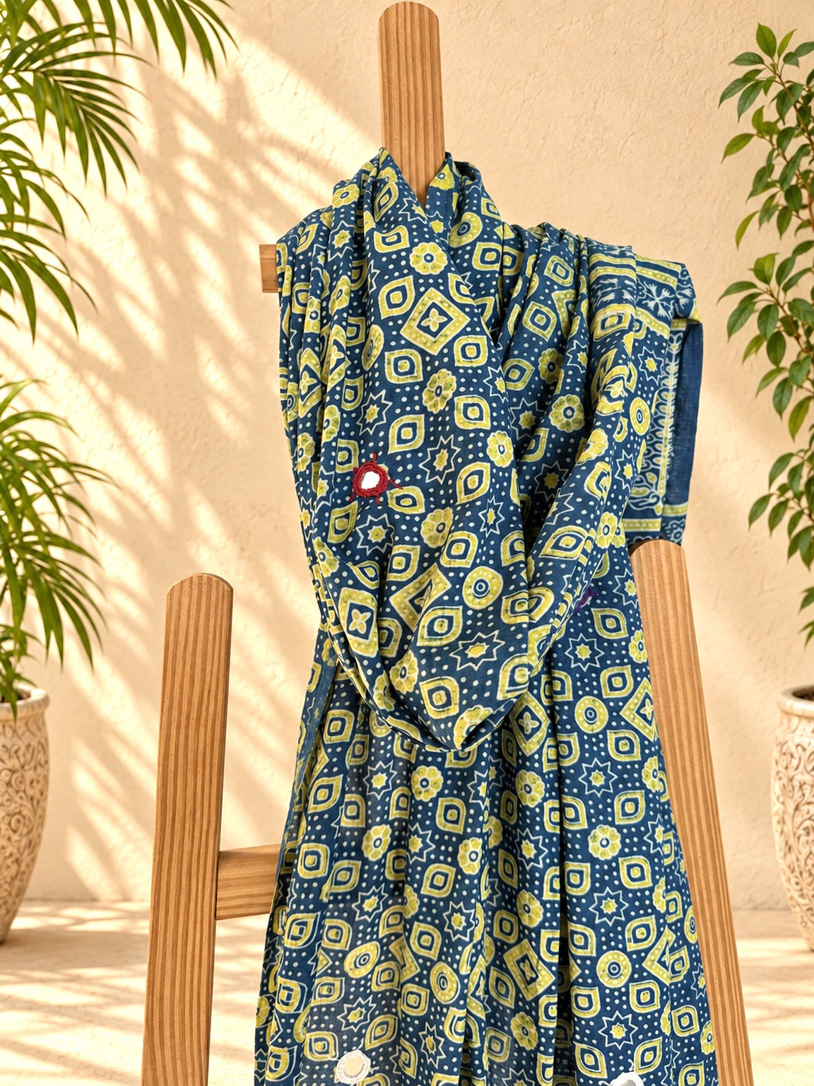 Rangrez🔅Ajrakh Mulmul Cotton Dupattas with Embroidery ~ Teal Blue w/ Grunge Texture