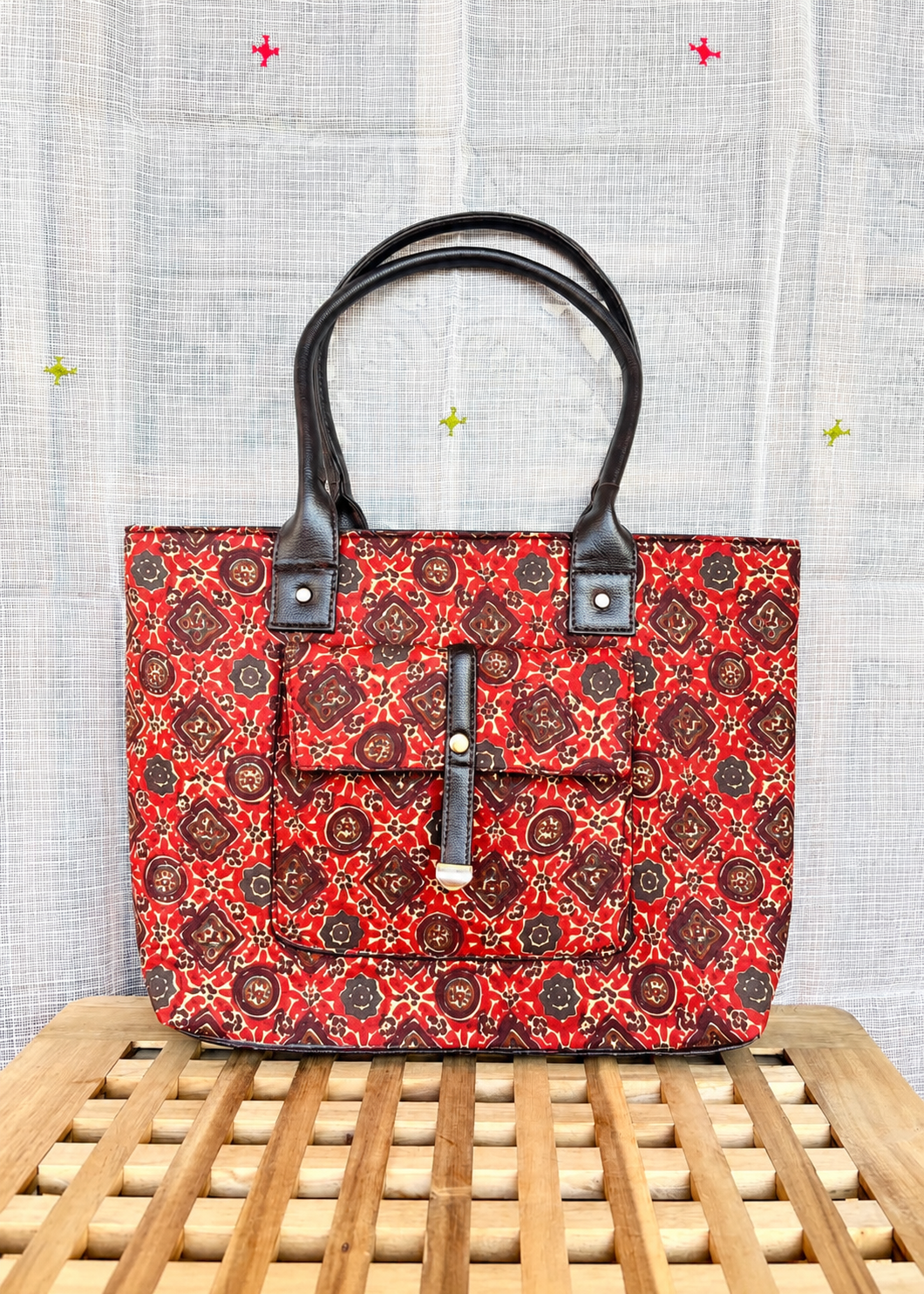 Karwaan🍂 Red mosaic motifs ~ Sanganeri Handblock Fabric Bag