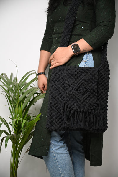 Macrame Crossbody Bag - Jet Black