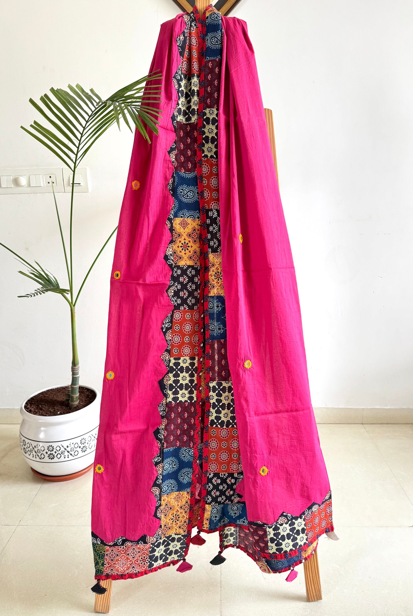 Ajrakh Applique & Kantha Embroidered Dupatta ~ Bright Pink