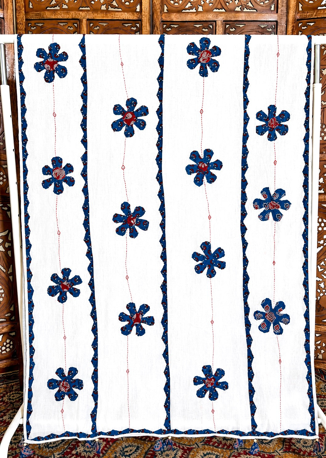 Ajrakh Applique & Kantha Embroidered ~ Indigo Phool Dupatta