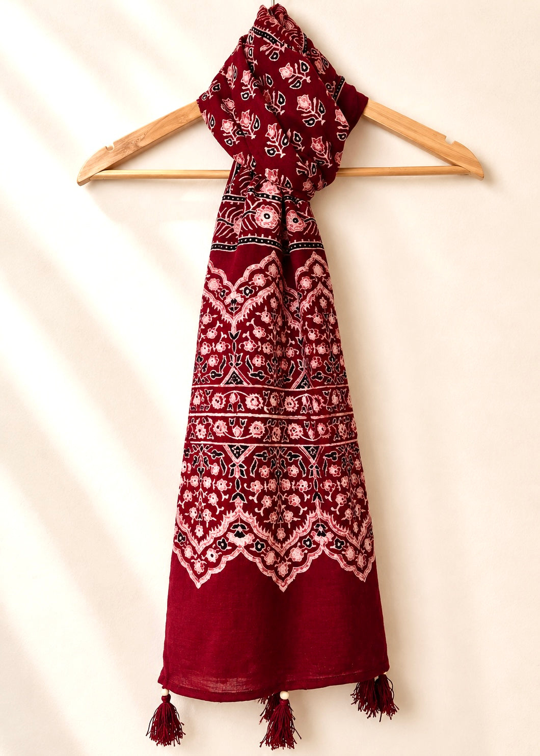 Raahi🌻Ajrakh Cotton Stoles ~ Deep red w/ motifs