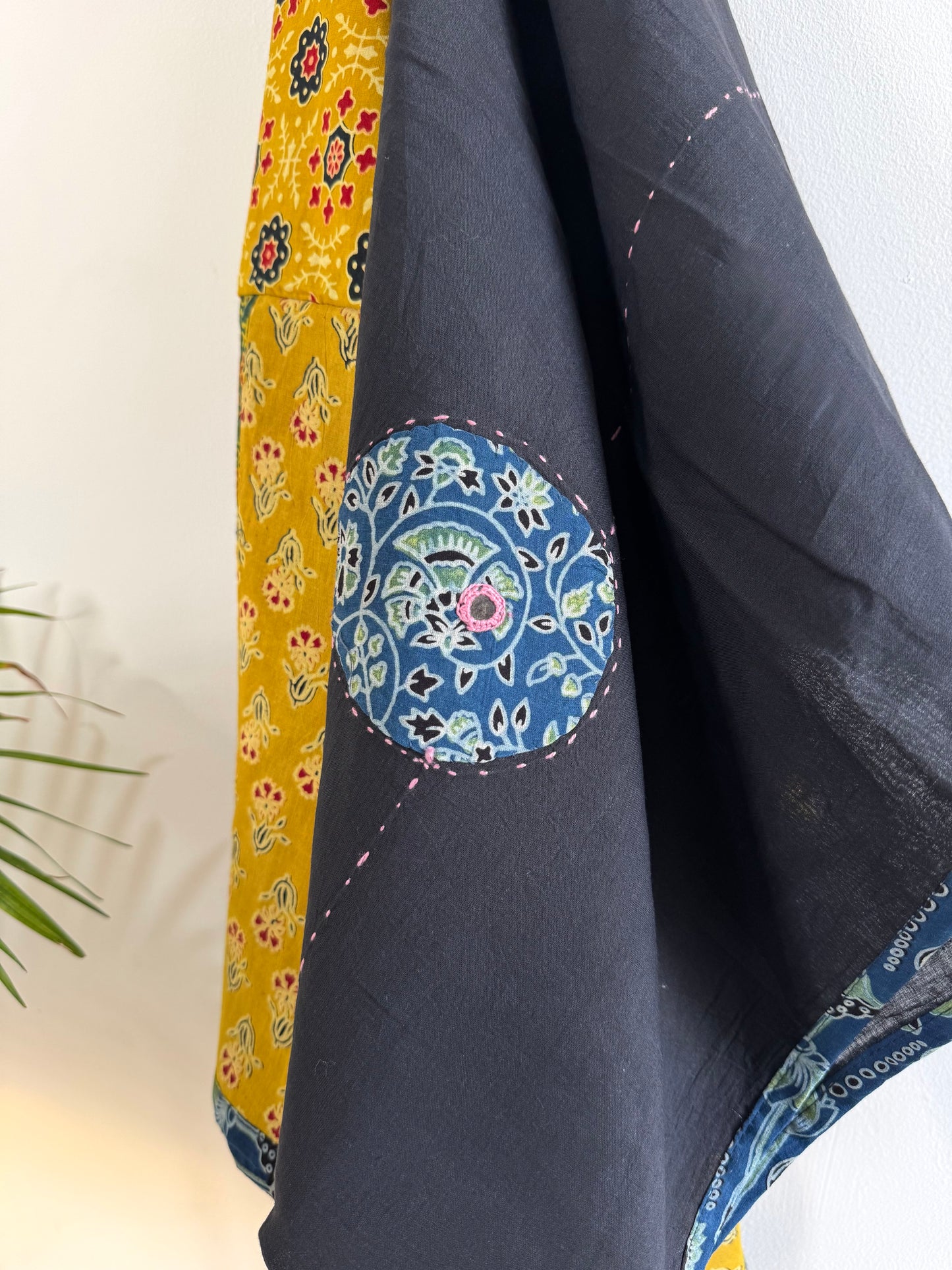 𓂃ོ⋆☀︎𓂃ᨒོ Ajrakh, Applique & Kantha Embroidered Dupatta ~ Black with Blue Crystals𑁍ࠬ