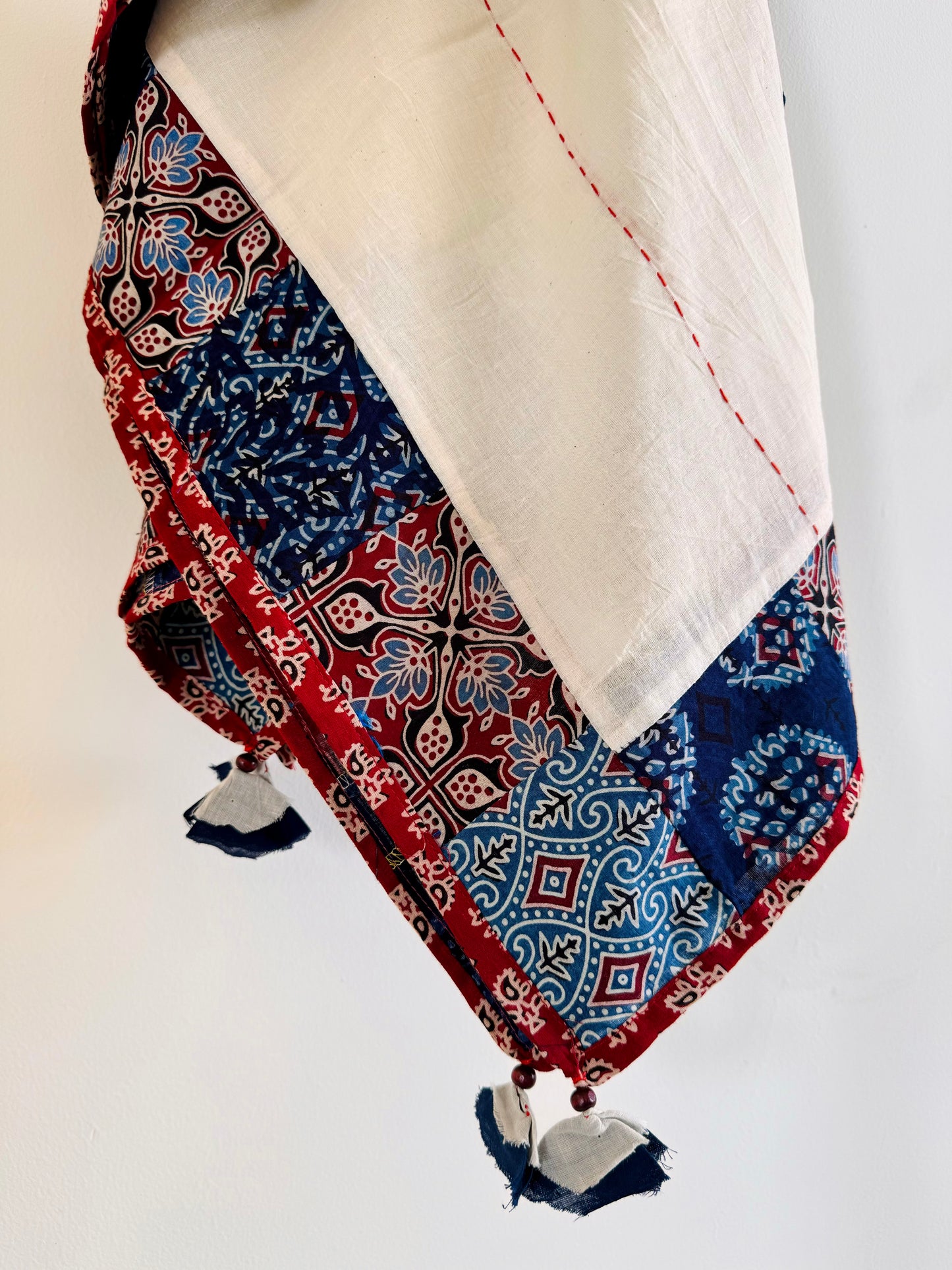 Ajrakh Applique & Kantha Embroidered Dupatta ~ White with Burnt Orange Flowers