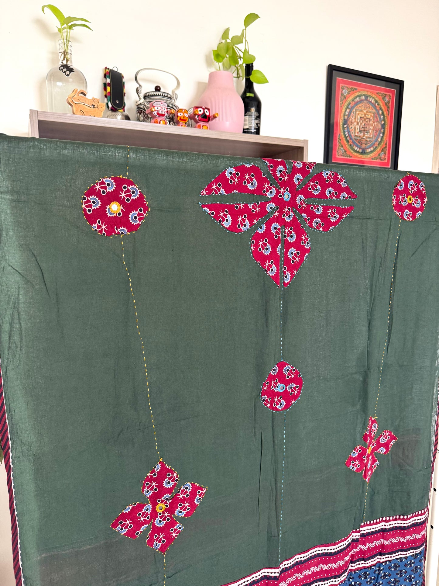 𓂃ོ⋆☀︎𓂃ᨒོ Ajrakh, Applique & Kantha Embroidered Dupatta ~ Olive Green w/ Ruby Flowers𑁍ࠬ