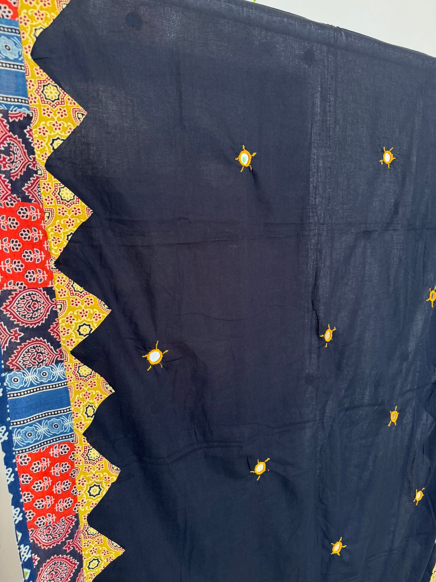 Ajrakh Applique & Kantha Embroidered Dupatta ~ Raven Black & Yellow