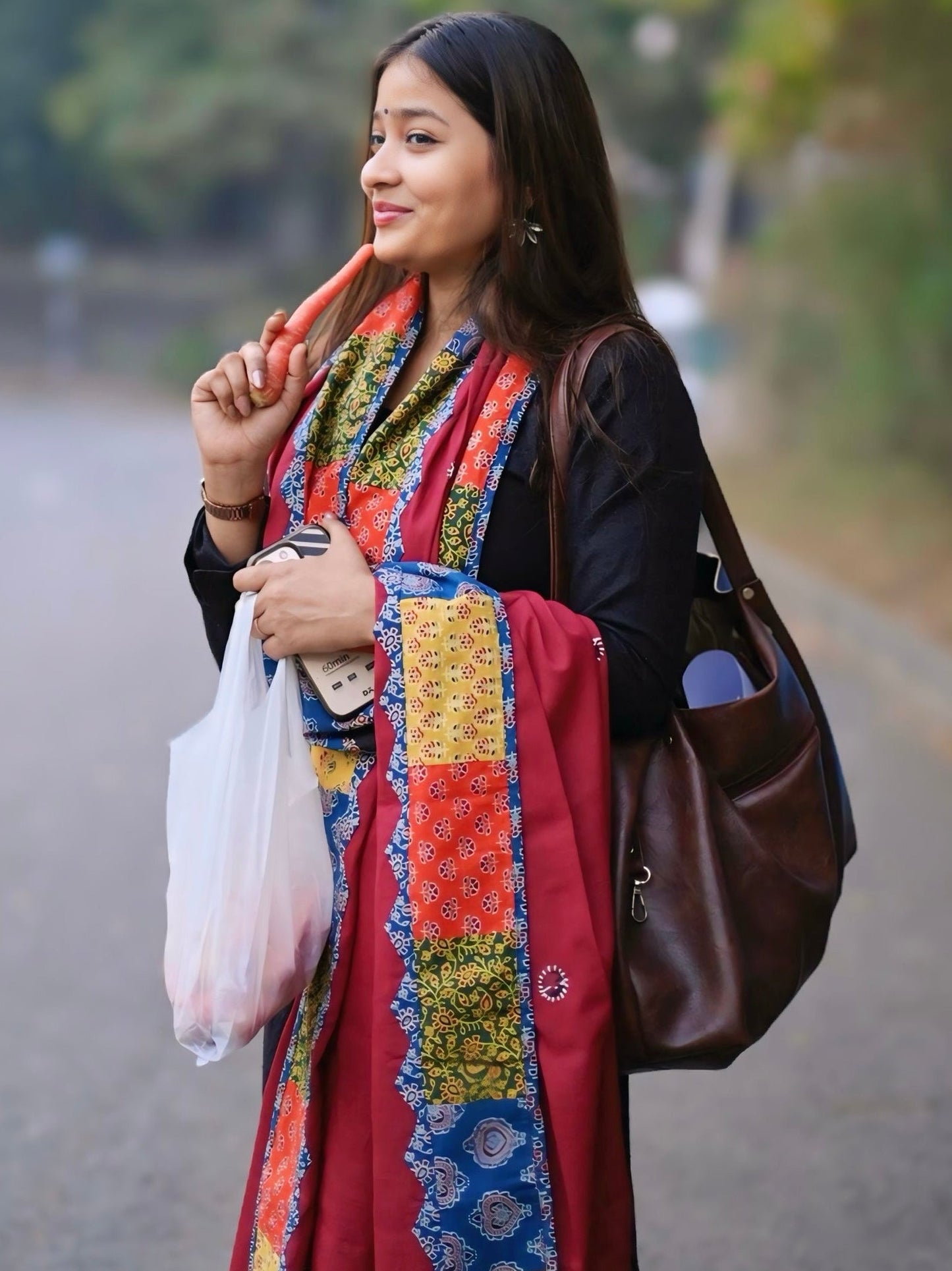 Ajrakh Applique & Kantha Embroidered Dupatta ~ Deep Red