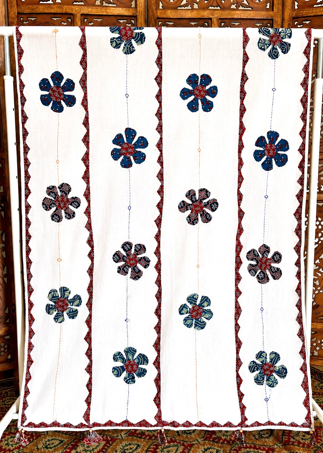 Ajrakh Applique & Kantha Embroidered ~ Red & Blue Phool Dupatta