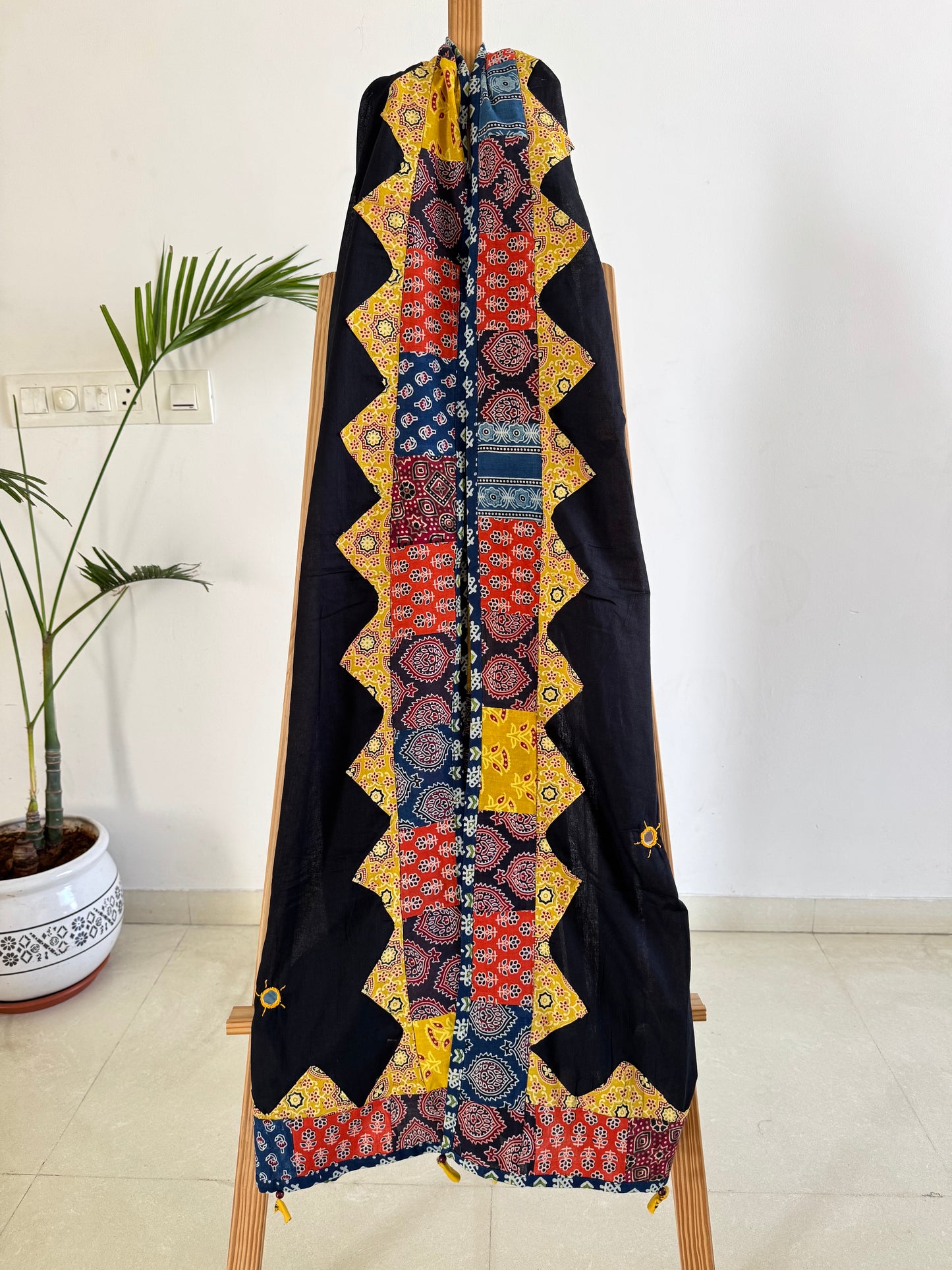 Ajrakh Applique & Kantha Embroidered Dupatta ~ Raven Black & Yellow